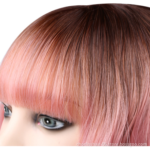 Wholesale Machine Made Water Wave Pink Wig With Bangs Cheap Cosplay Pixie Curls Short Bob Synthetic Hair Wigs With Highlights